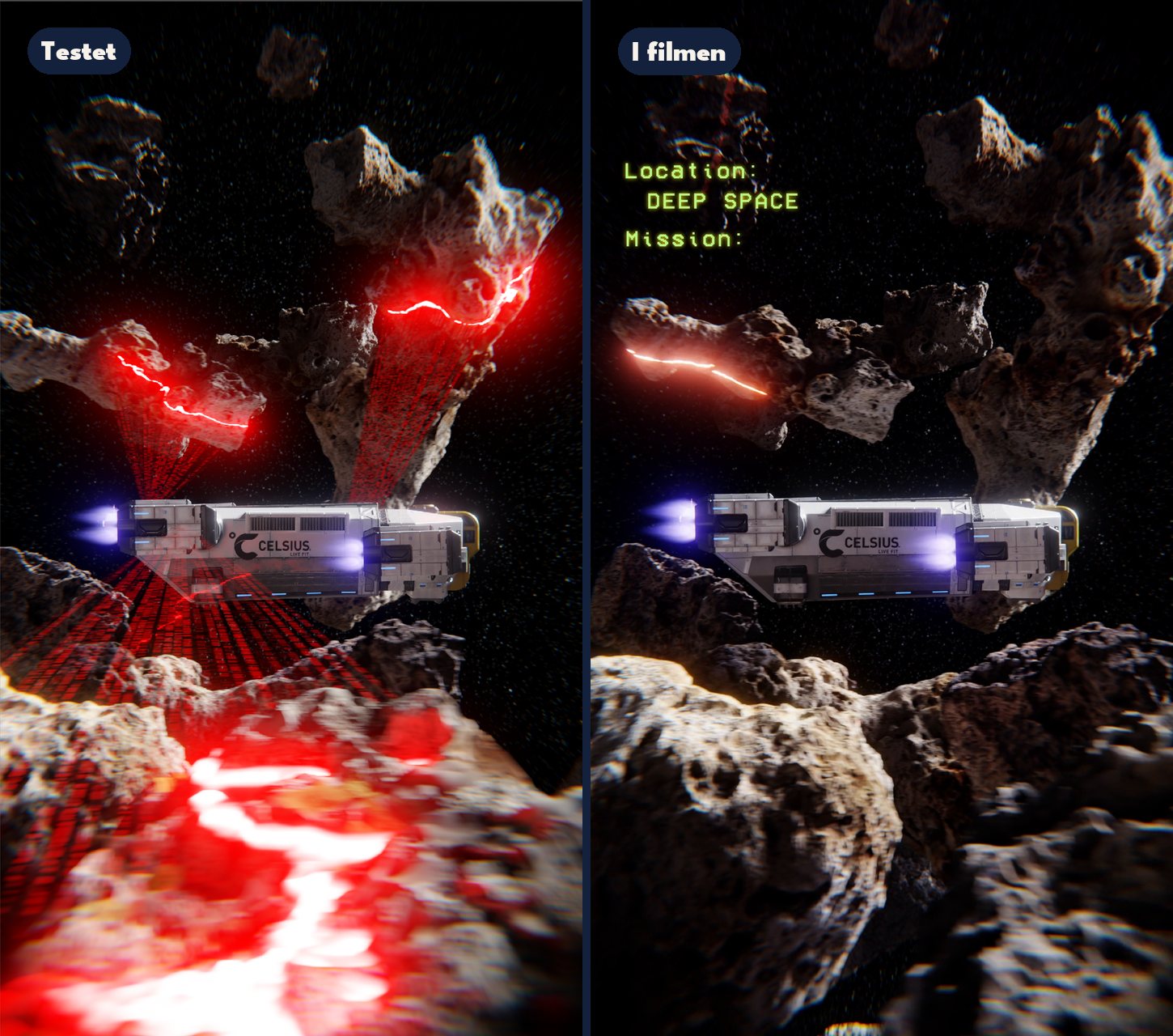 Cosmic Vibe: the laser test on the left, the scene in the film on the right. Working out how the laser would scan the rocks took 8 to 16 hours.