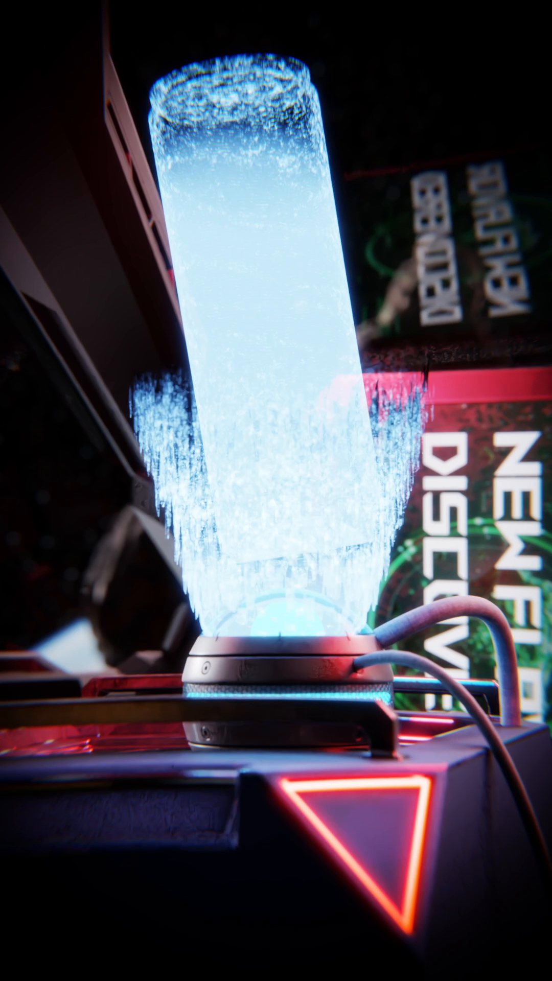 A hologram of a Celsius can in blue light on a console in a spaceship