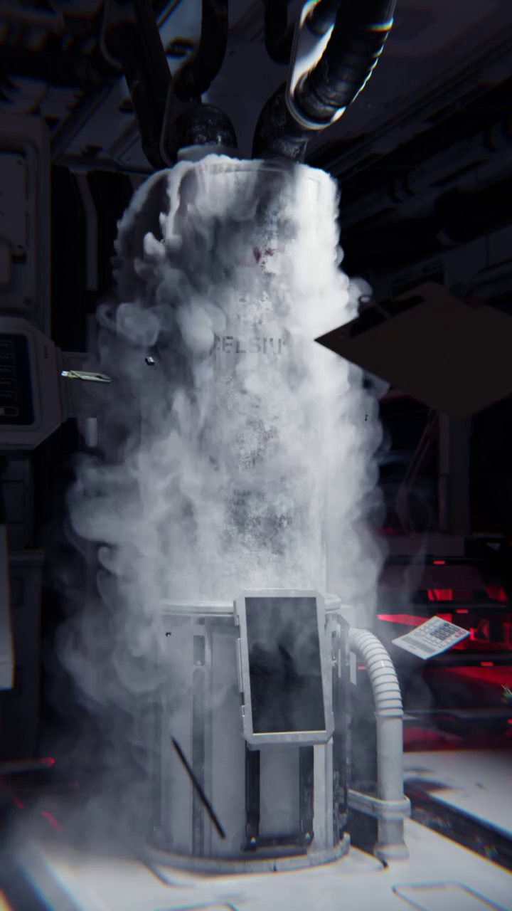 Smoke falling around a Celsius can in a cryo chamber in a spaceship